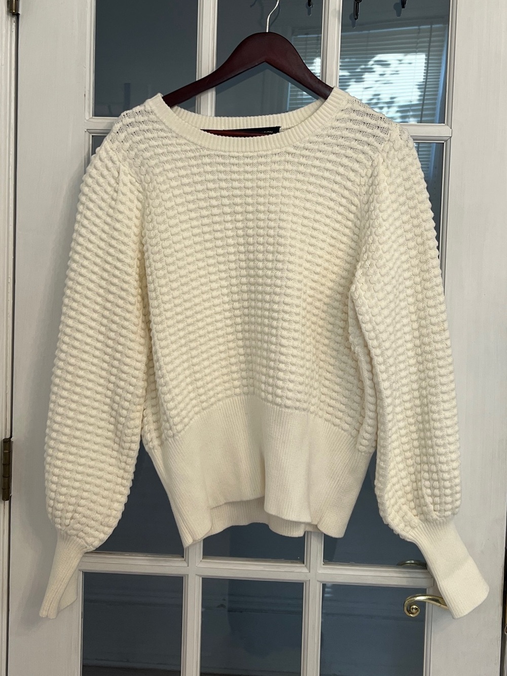 FRENCH CONNECTION Women's Ivory Textured Knit Balloon Sleeve Crewneck Sweater